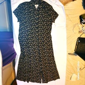 Plus Size 16 Brand New Long Maxi Full Length Buttons Floral Blk Gold Slimming